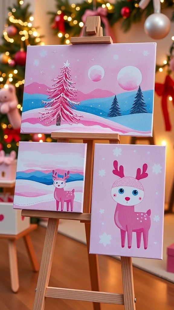 A display of pink Christmas paintings including a tree, snowy landscape, and reindeer in a festive setting.